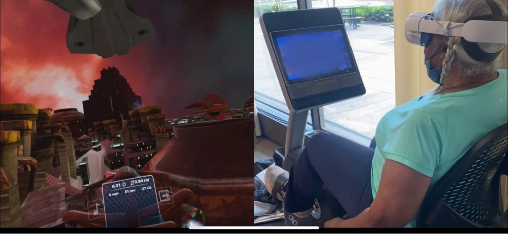 Left: View of Saturn through virtual reality headset and HOLOFIT app. Right: Equipment used by participants.